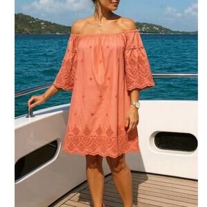 St. John’s Bay Women’s Cotton Dress Peach Eyelet Embroidery Off Shoulder Size L